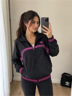 adidas Black Jacket with Pink Stripe Accents